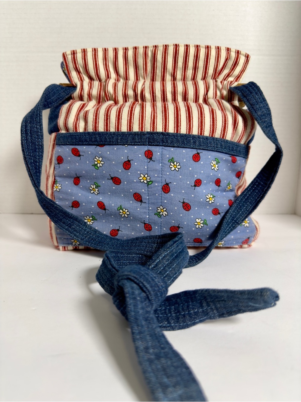 Handmade Blue Ladybug Drawstring Crossbody Bag size M